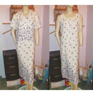 Vtg Floral Midi Dress & Shirt Size 10 P Linen Blend Cottagecore 2 Piece 90s